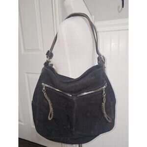Tylie Malibu Black Rhinestone Studded Suede Hobo Handbag Purse Outside Pockets
